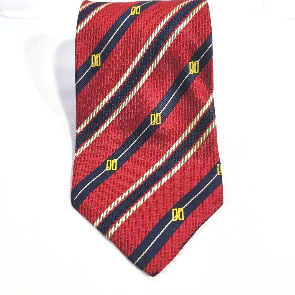 Daks London Red Striped Silk Mens Tie With Diagonal Patterns & "DO" Logo Necktie